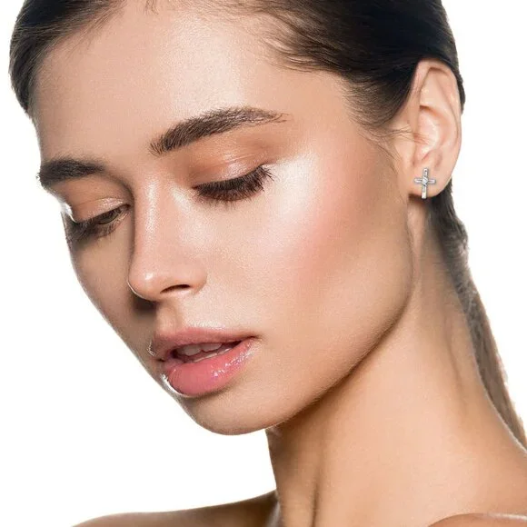 Sterling Silver Cross Diamond Stud Earrings 925 Rhodium Plated Minimalist Jewelr - Picture 3 of 4